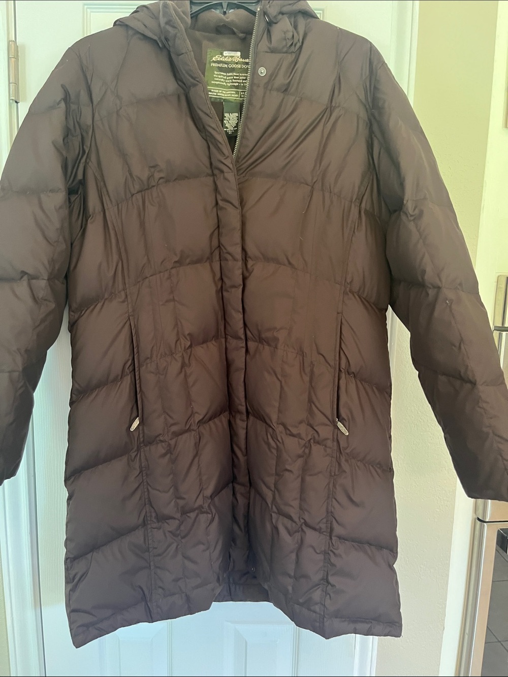 Eddie Bauer Women's Dark Brown Long Puffer Coat with Hood